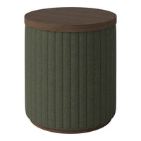 Green ribbed fabric cylindrical stool with a brown wooden top, perfect for modern decor.