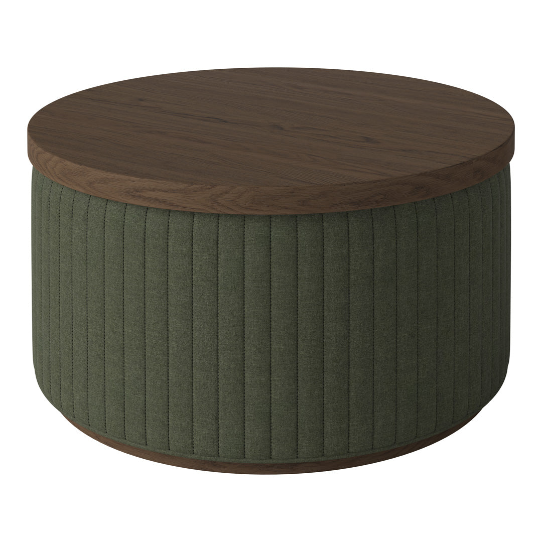 Round coffee table with a dark wood top and a green, ribbed fabric side. Modern and stylish home decor piece.