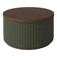 Round coffee table with a dark wood top and a green, ribbed fabric side. Modern and stylish home decor piece.