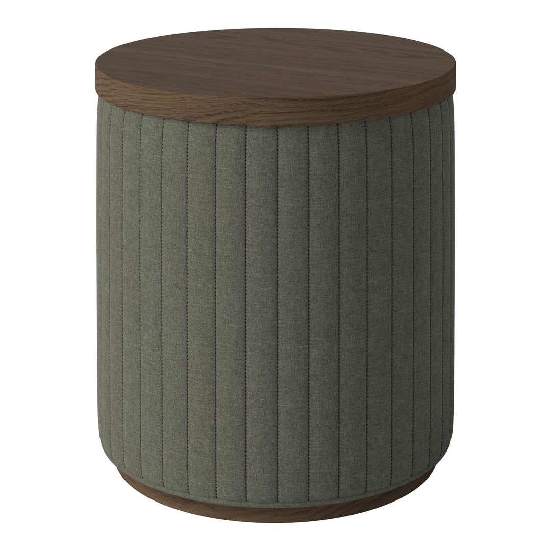 Round accent table with a textured olive green fabric body and a rich brown wooden top. Elegant ribbed pattern.