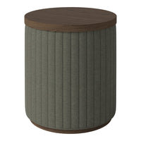Round accent table with a textured olive green fabric body and a rich brown wooden top. Elegant ribbed pattern.