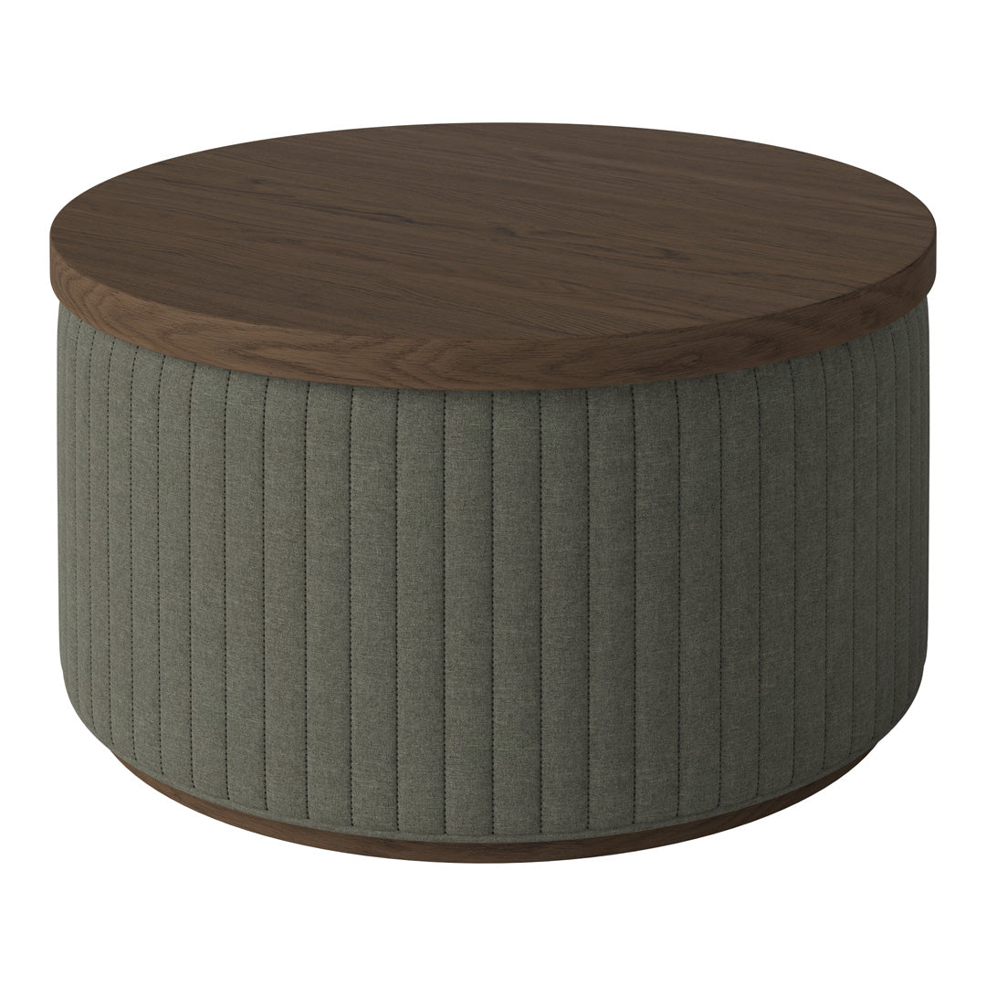 Round coffee table with a walnut top and a textured gray-green ribbed base. Stylish and contemporary design.