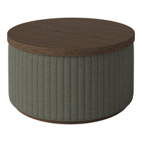 Round coffee table with a walnut top and a textured gray-green ribbed base. Stylish and contemporary design.