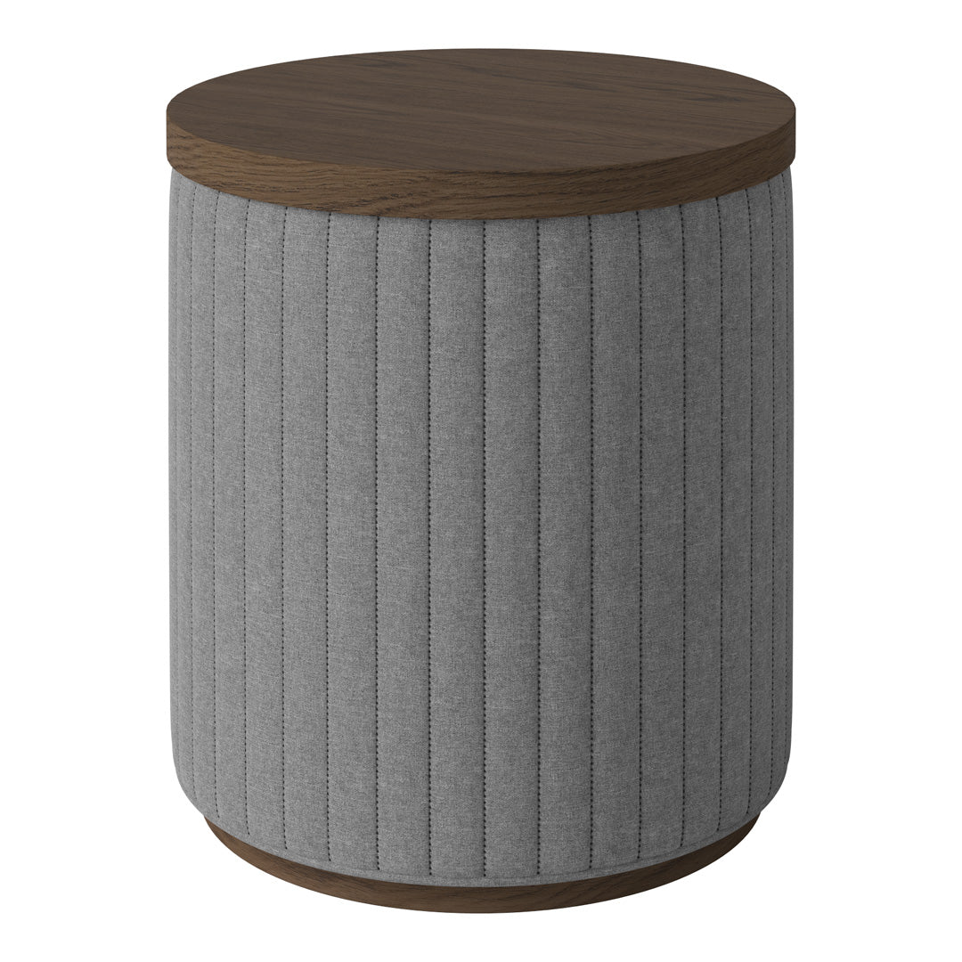 Gray ribbed fabric side table with a round dark wood top and curved base.