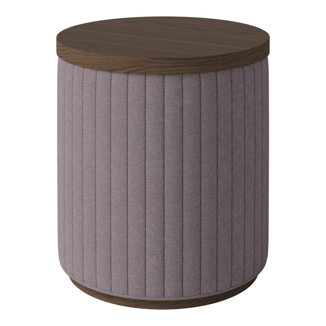 Round accent table in soft lavender with vertical ribbed texture and a dark wood top. Perfect for modern decor.
