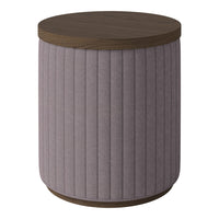 Round accent table in soft lavender with vertical ribbed texture and a dark wood top. Perfect for modern decor.