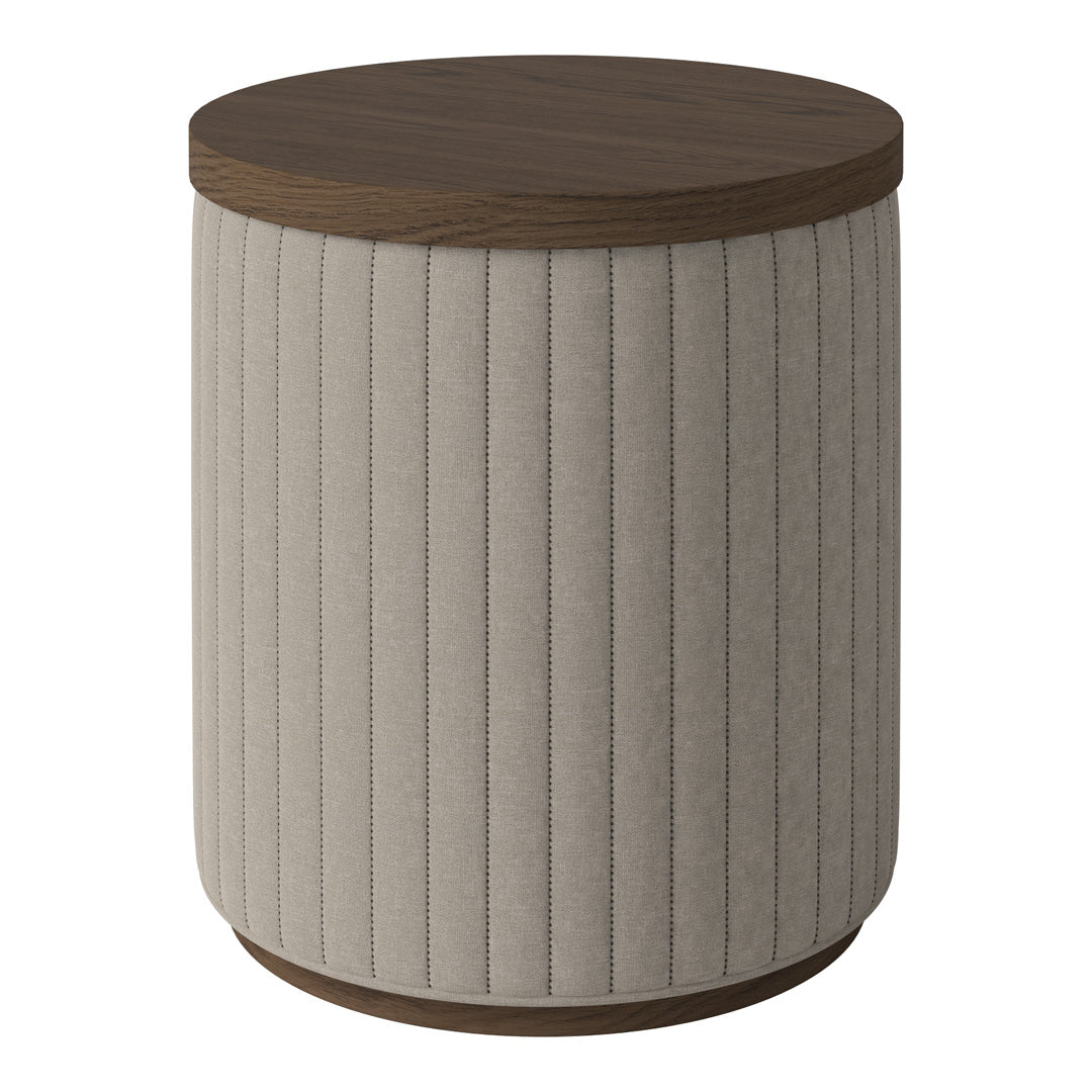 Round side table with a textured beige fabric body and a dark wood top, featuring vertical ribbed patterns.