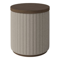 Round side table with a textured beige fabric body and a dark wood top, featuring vertical ribbed patterns.