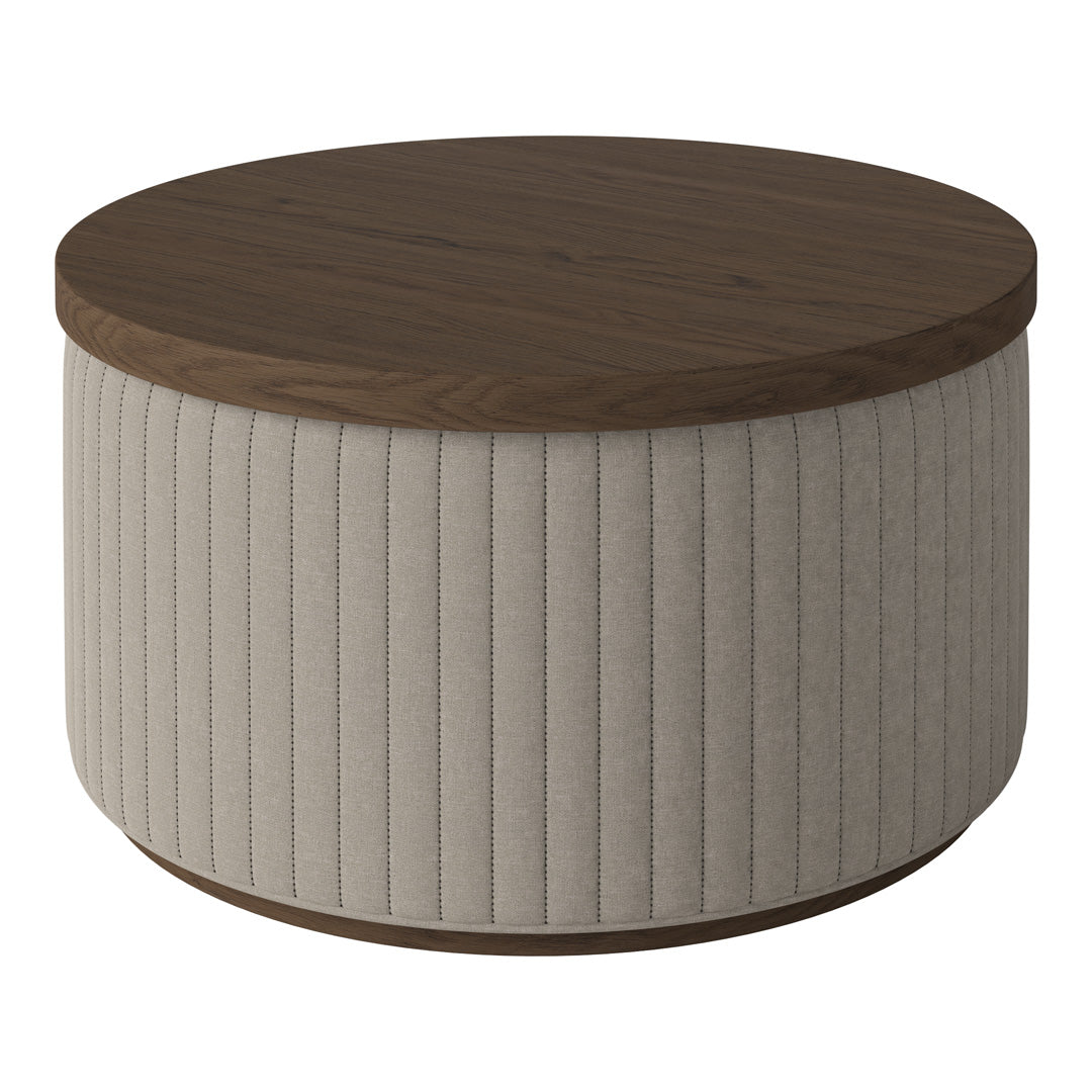 Round coffee table with a walnut top and ribbed beige fabric sides, blending stylish colors and elegant textures.