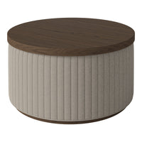 Round coffee table with a walnut top and ribbed beige fabric sides, blending stylish colors and elegant textures.