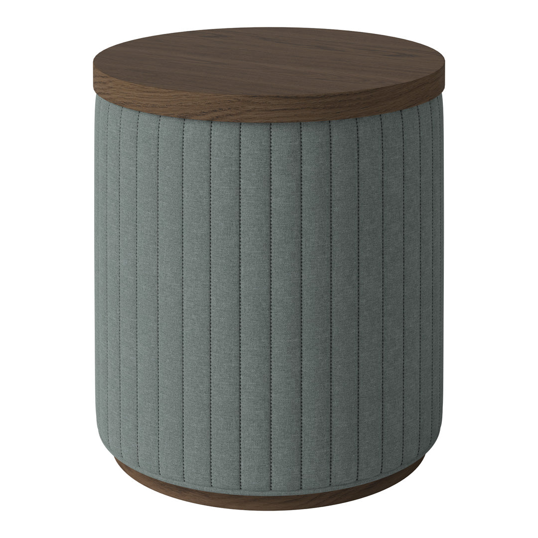 Light blue ribbed fabric side table with a dark wood top. Modern design for stylish interiors.