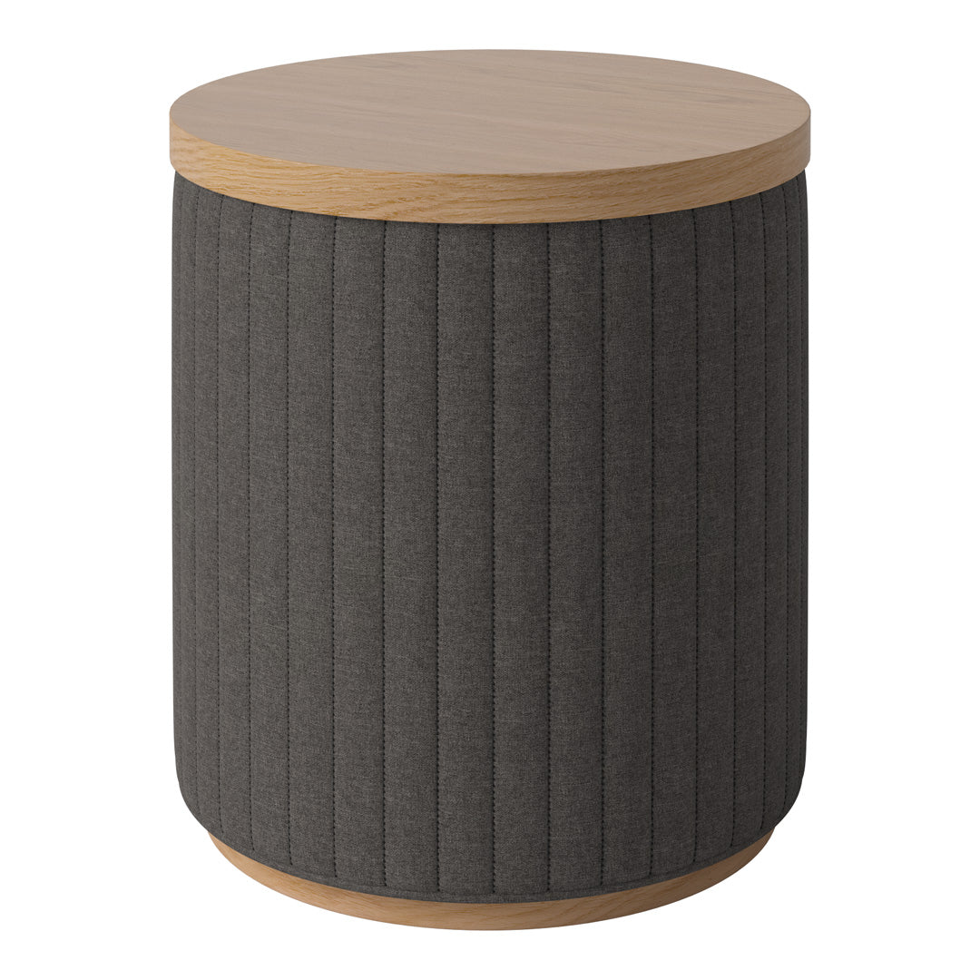 Stylish round side table with a textured dark gray fabric body and natural wood top. Perfect for modern decor.