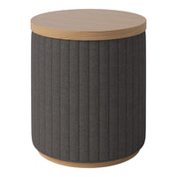 Stylish round side table with a textured dark gray fabric body and natural wood top. Perfect for modern decor.