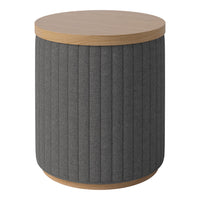 Gray vertical ribbed fabric side table with a natural wood top for a modern aesthetic.