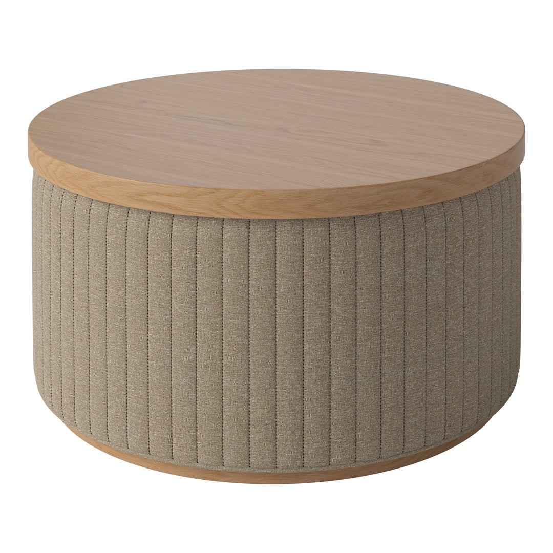 Round coffee table with natural wood top and textured beige fabric bottom featuring vertical ribbed pattern.