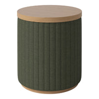 Green ribbed fabric with light wooden top, round shape, perfect for modern decor accents.