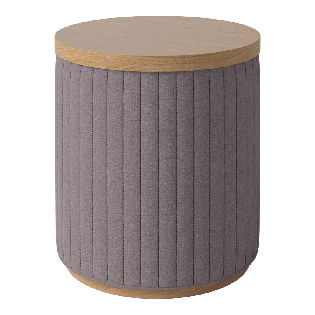 Round side table featuring a light wood top and textured mauve vertical ribbed fabric sides.