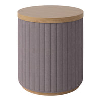 Round side table featuring a light wood top and textured mauve vertical ribbed fabric sides.