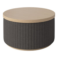 Round coffee table with a light wood top and dark gray ribbed fabric base. Modern, stylish, and versatile design.
