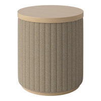 Beige ribbed fabric round side table with a light wood top. Modern style for versatile decor.