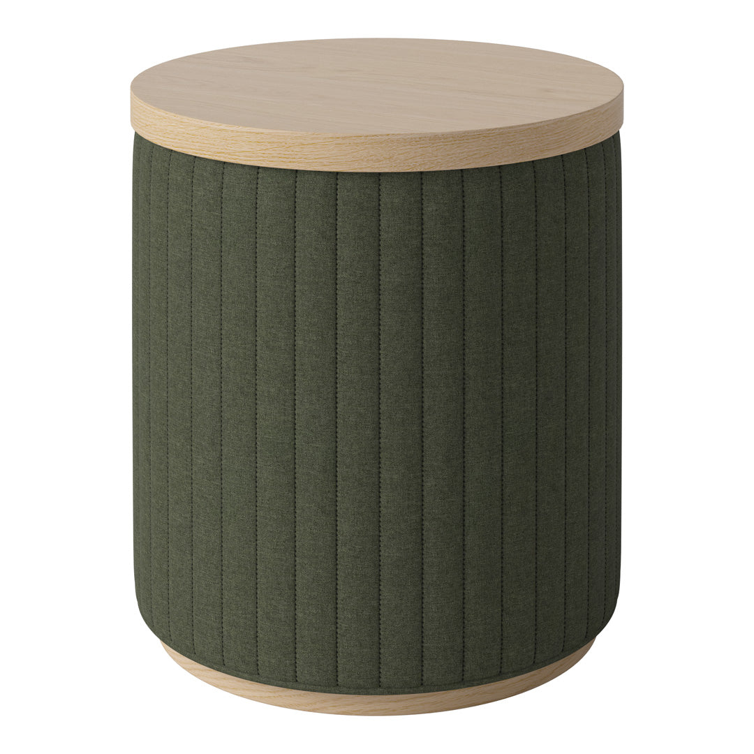 Olive green upholstered round stool with vertical grooves and light wood top. Perfect for modern decor.