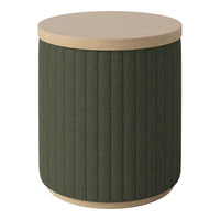 Olive green upholstered round stool with vertical grooves and light wood top. Perfect for modern decor.