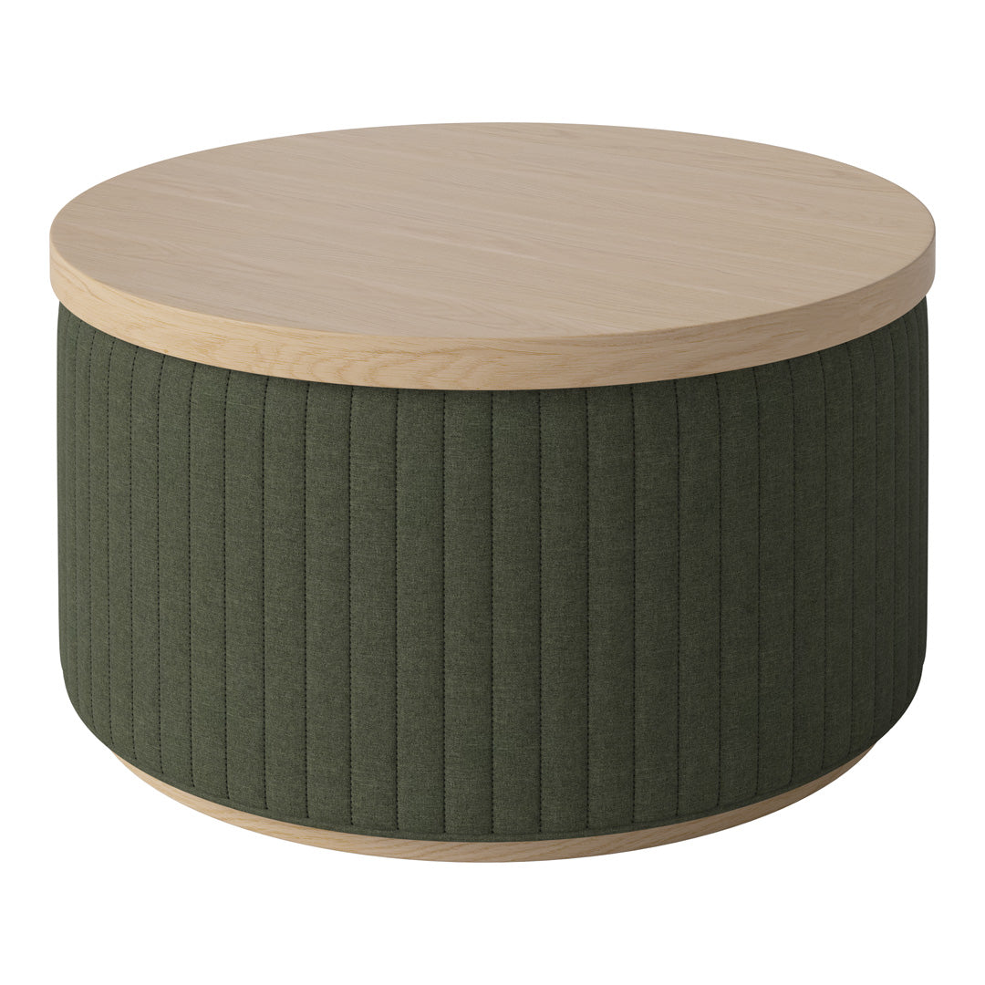 Round coffee table featuring a light wood top and dark green ribbed fabric base, adding a modern touch to any decor.