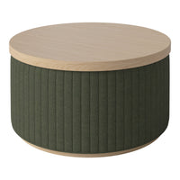 Round coffee table featuring a light wood top and dark green ribbed fabric base, adding a modern touch to any decor.