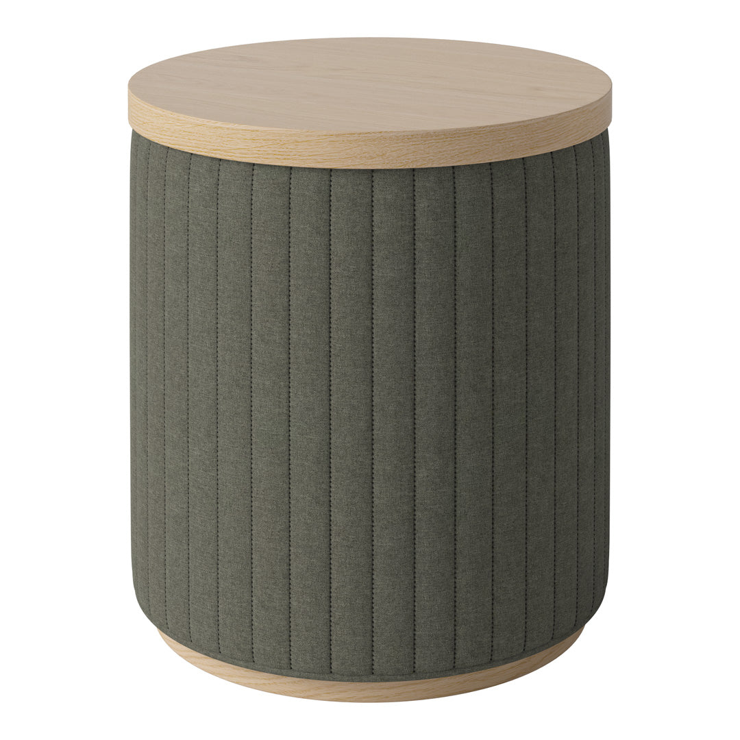Olive green textured fabric with vertical stripes and a light wood top. Stylish, modern accent table.