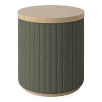 Olive green textured fabric with vertical stripes and a light wood top. Stylish, modern accent table.