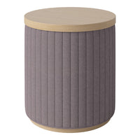 Round accent table featuring a light wood top and soft gray vertical ribbed fabric sides.