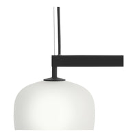 Modern black and white pendant lamp with a smooth, rounded frosted glass shade and a sleek black arm.