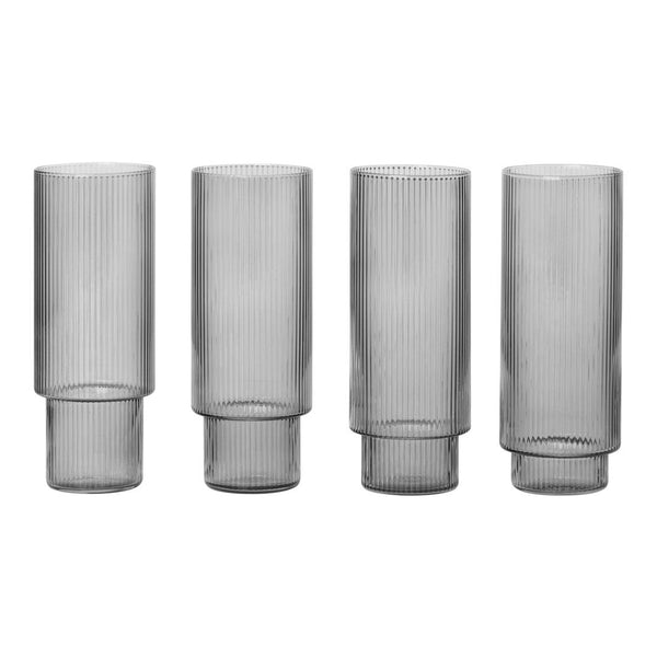 Set of four tall, textured glass vases in a sleek smoky gray color with vertical ribbed patterns. 