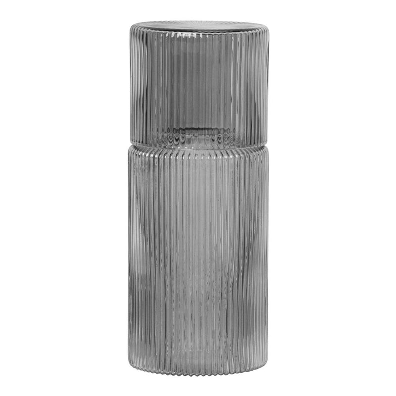 Gray ribbed glass vase with a sleek cylindrical design, featuring vertical stripe patterns. Perfect for modern decor.