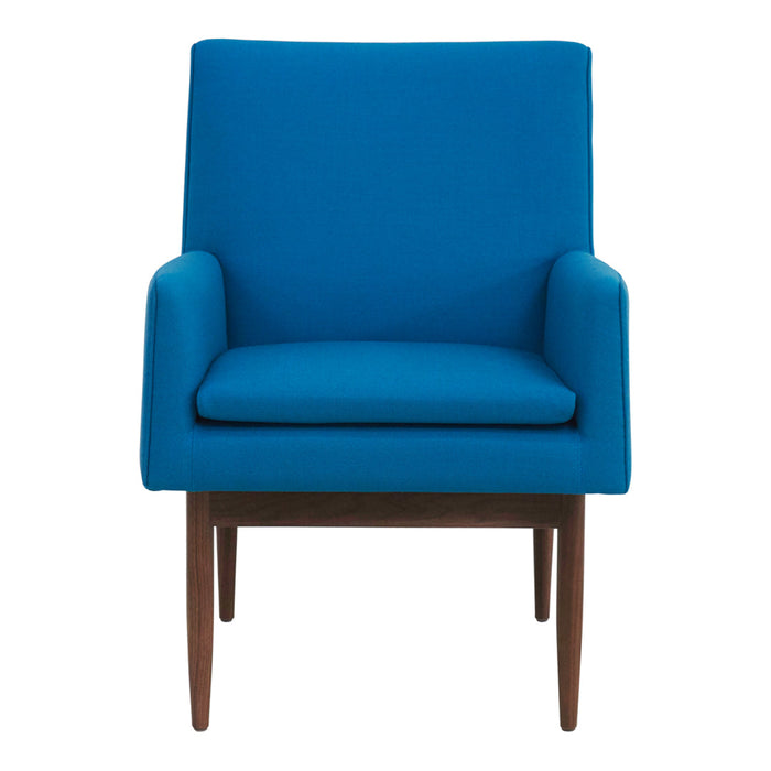 Bright blue upholstered chair with a minimalist design and wooden legs, perfect for modern decor.