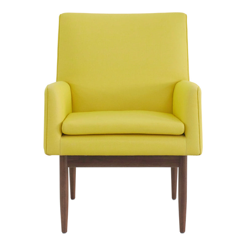 Bright yellow upholstered chair with a sleek design and wooden legs, perfect for modern decor.