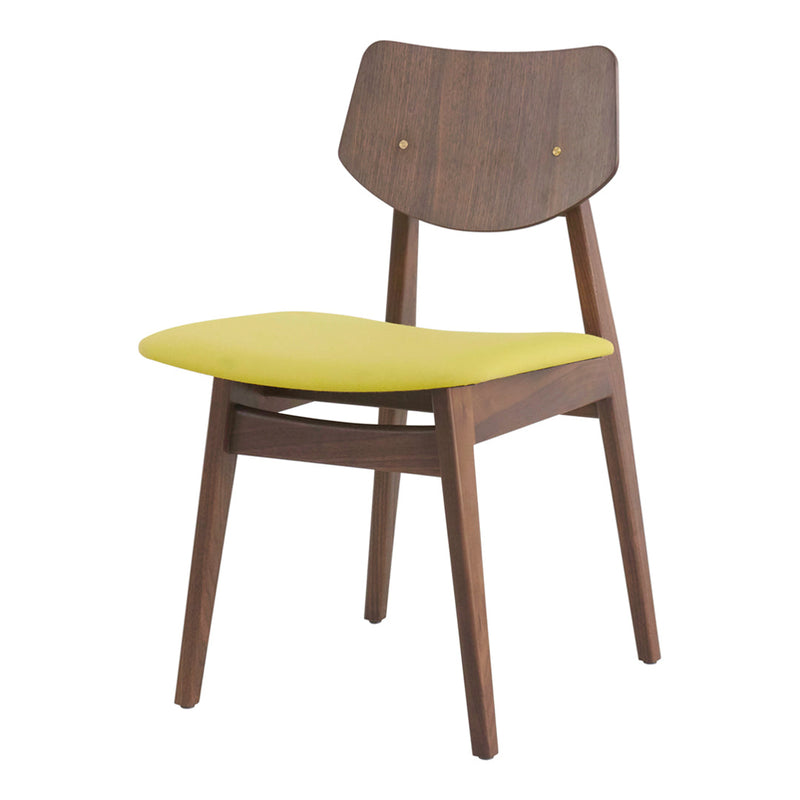 Mid-century wooden chair with a rich walnut finish and vibrant yellow seat cushion, showcasing sleek, modern design.