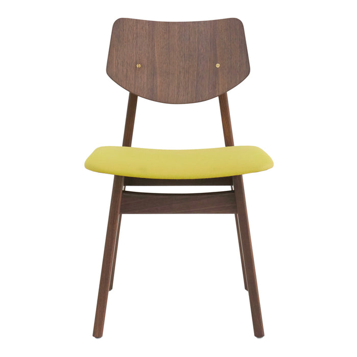 Wooden chair featuring a walnut finish and a vibrant yellow seat cushion, combining modern and retro design elements.