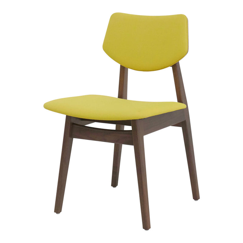 Yellow upholstered chair with a modern design and brown wooden legs, perfect for contemporary spaces.