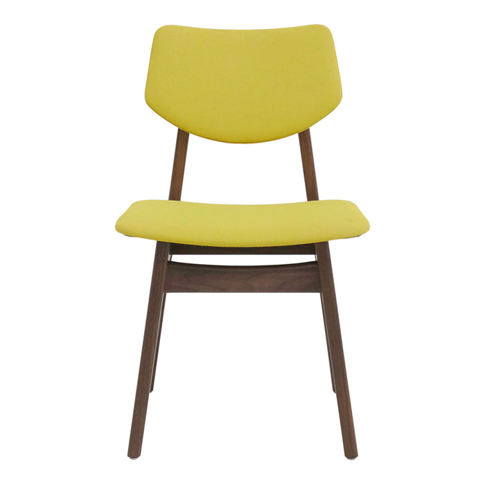 Yellow upholstered chair with a sleek wooden frame, showcasing a modern, minimalistic design.