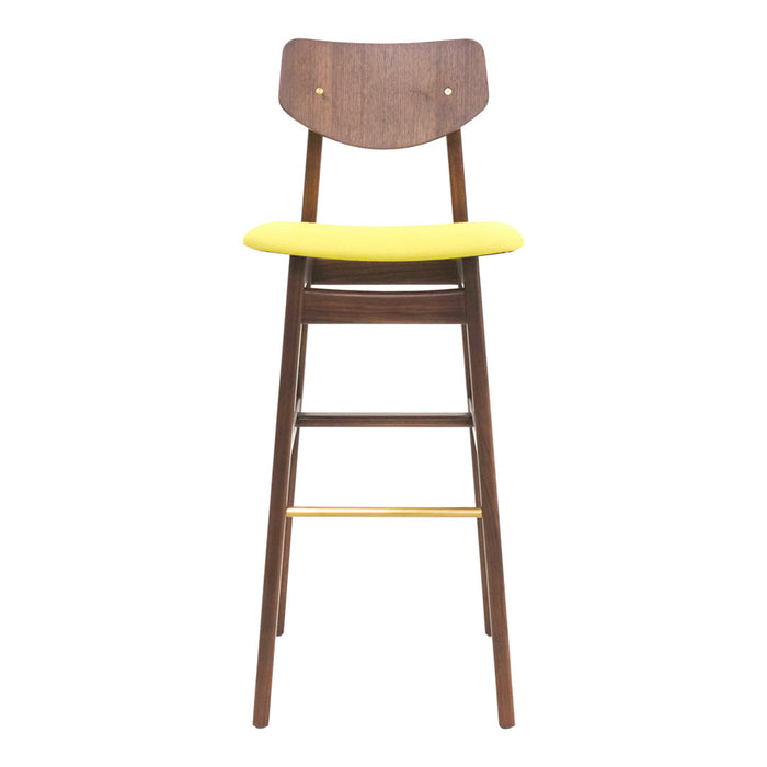 Brown wooden bar stool with a vibrant yellow cushion and minimalist design. Perfect for modern interiors.