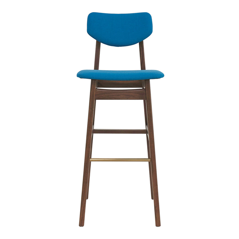 Blue upholstered bar stool with a wooden frame and sleek, modern design. Ideal for contemporary interiors.