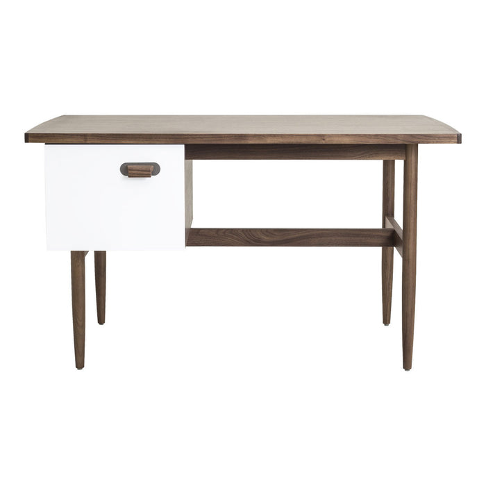 "Mid-century modern desk with a walnut finish and white drawer, featuring clean lines and elegant simplicity."