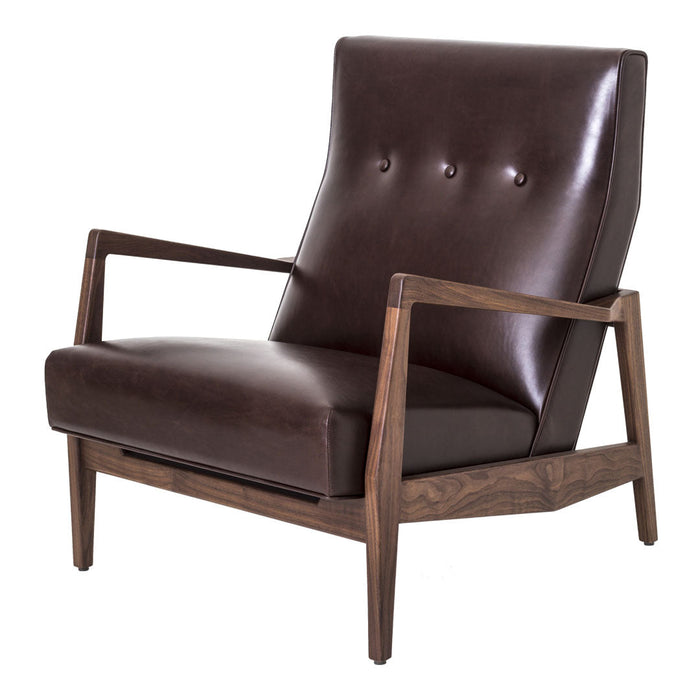 Brown leather armchair with button-tufted backrest and wooden frame. Modern design with sleek, minimalistic lines.