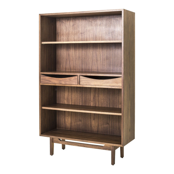 Wooden bookshelf in rich brown finish with smooth, clean lines and minimalistic design. Perfect for any modern decor.