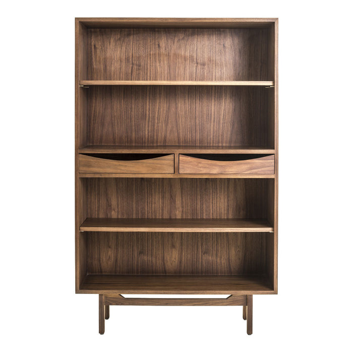 Wooden bookshelf in rich walnut finish, featuring smooth surfaces and minimalist design with distinct horizontal grain patterns.