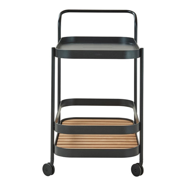 Black metal rolling cart with two wooden shelves, featuring a sleek, modern design and minimalist aesthetic.