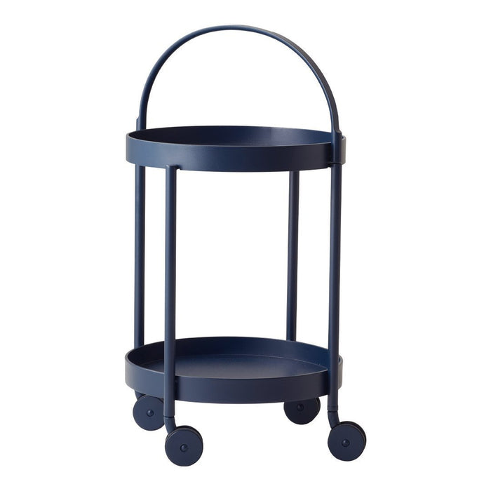 Navy blue metal rolling cart with two circular trays and a curved handle, featuring a sleek, modern design.