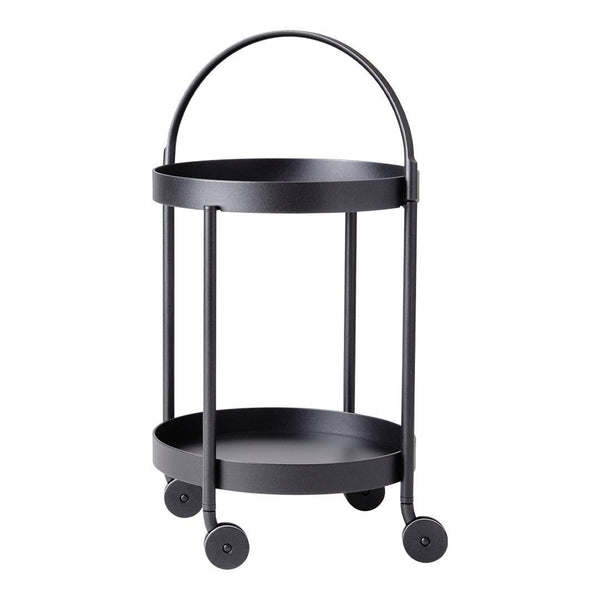 "Black metal rolling cart with two circular trays and sleek, minimalist design."