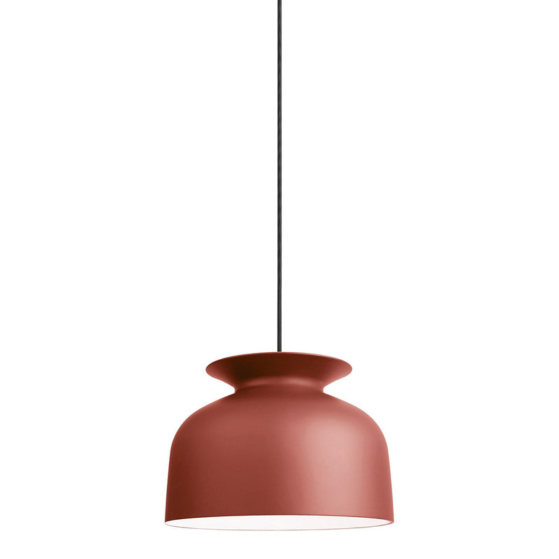 Rust-colored pendant lamp with a curved, matte finish and a sleek black hanging cord. Perfect for modern decor.